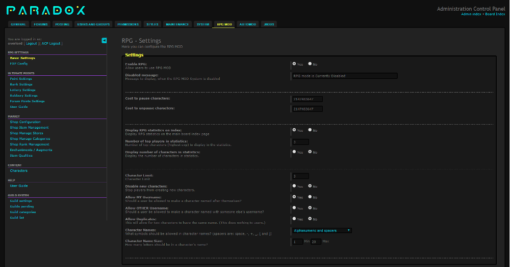 Admin - Game Settings
